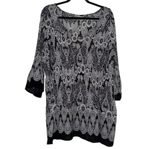 Avenue Tunic Top Plus Size 30/32 Black White Paisley 3/4 Sleeve Sheer Flowy Work